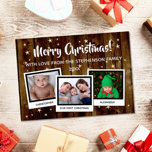 Country Wood Stars Merry Christmas Family 3 Photo Invitation