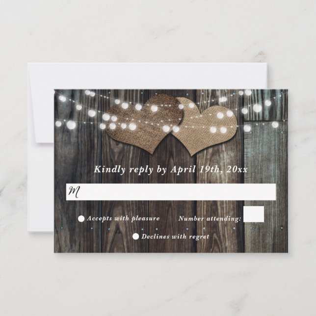 Country Wood String Lights Wedding RSVP Card (Front)
