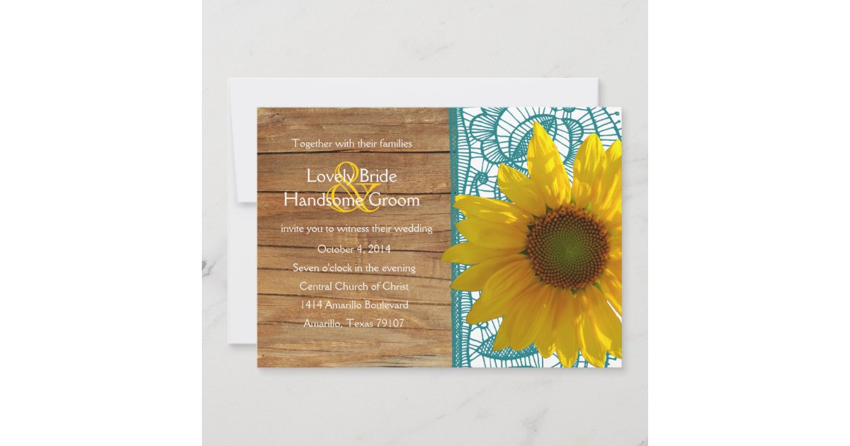 Country Wood Sunflower Teal Lace Wedding Invite Zazzle 2823