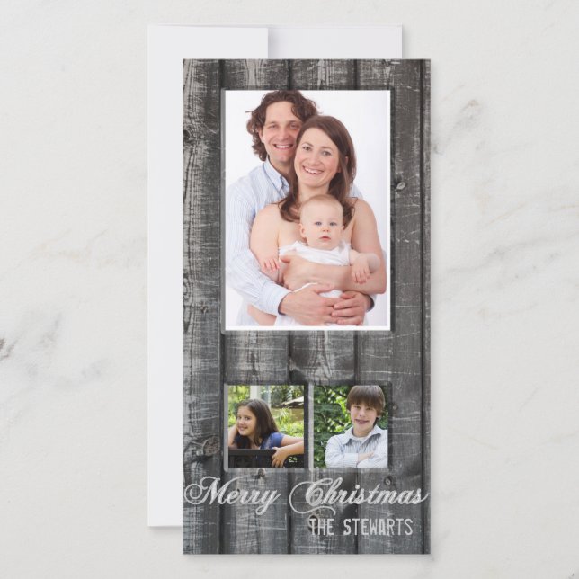 Country Wood Three Photo Christmas Card (Front)