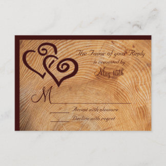 Country Wood Tree Rings Double Hearts Wedding RSVP Card