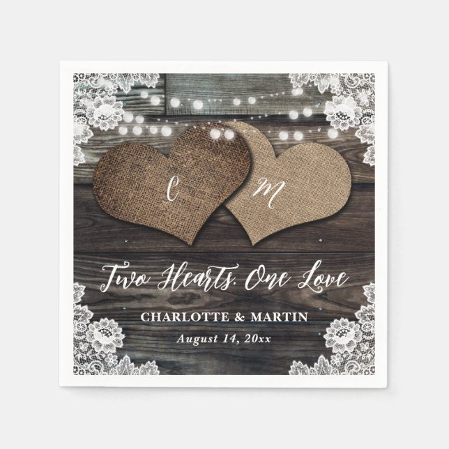 Country Wood Two Hearts Floral Lace Wedding Napkins (Front)