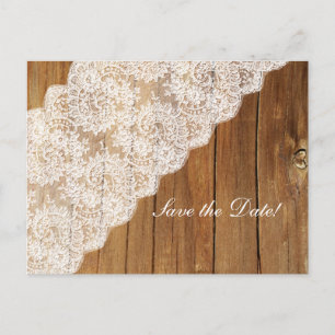 Country Wood Vintage Lace Wood Save the Date Announcement Postcard