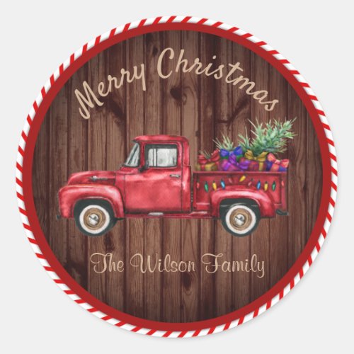 Country Wood Watercolor Christmas Pickup Truck Classic Round Sticker