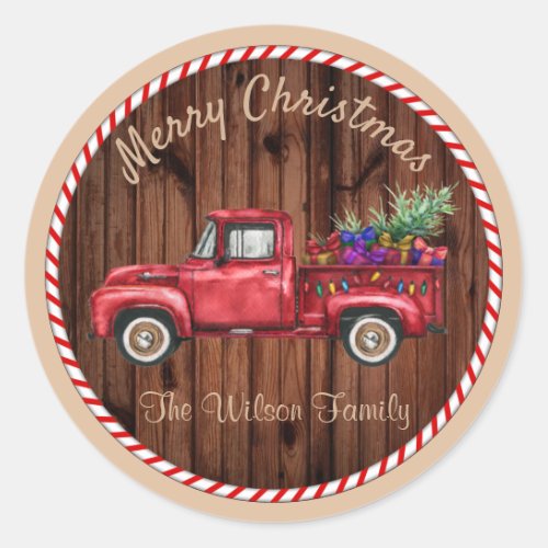 Country Wood Watercolor Christmas Pickup Truck Classic Round Sticker