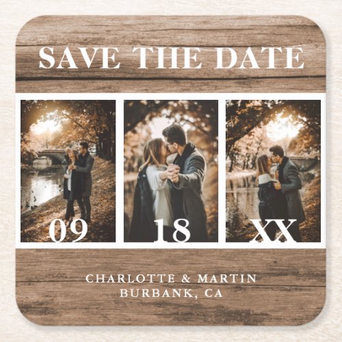 Country Wood Wedding Photo Save The Date Square Paper Coaster
