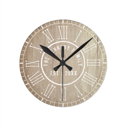 Country Wood White Roman Numerals Family Name Round Clock