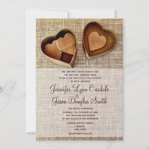 Country Wooden Hearts Burlap Wedding Invitations