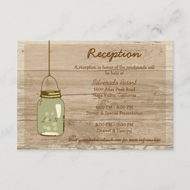 Country Wooden Rustic Mason Jar Reception Card (Front)