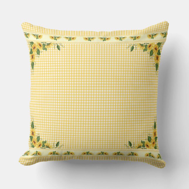 Country Yellow Gingham Sunflowers Throw Pillow (Front)