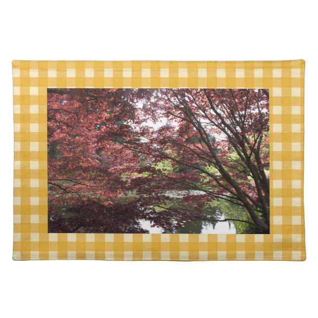 Country yellow plaids, Japanese maple tree photo Cloth Placemat (Front)