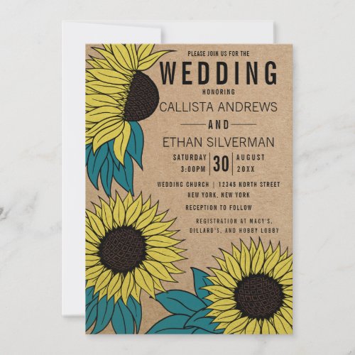 Country Yellow Teal Green Sunflowers Kraft Wedding Invitation