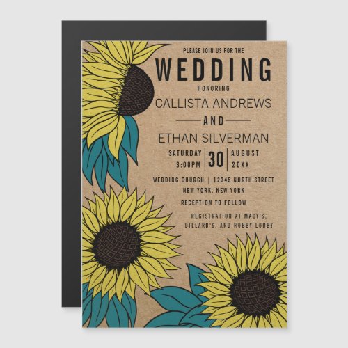 Country Yellow Teal Green Sunflowers Kraft Wedding Magnetic Invitation