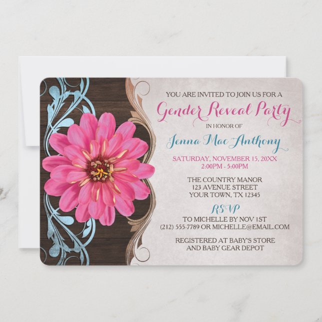 Country Zinnia Gender Reveal Party Invitations (Front)