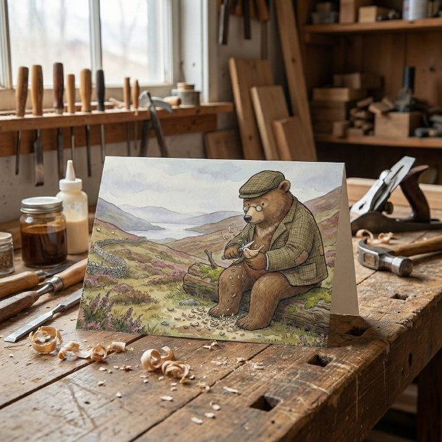Countryside Carving Bear Traditional Father's Day Card (A Father's Day Card of a brown bear illustration in the Countryside whittling a wooden bird.)