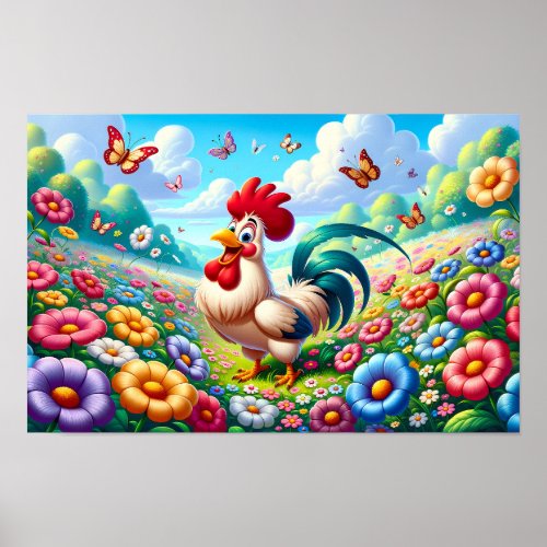 Countryside Charm Roosters Floral Haven Nursery  Poster