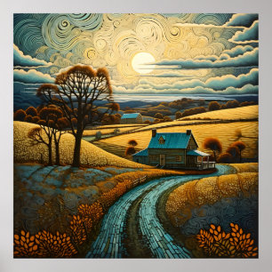Countryside Farmhouse With Sunset Farming Filed Poster
