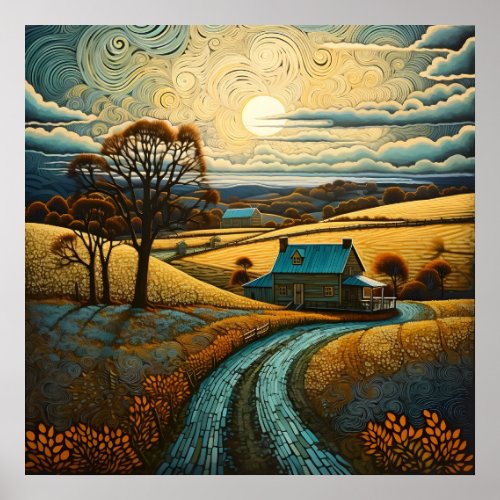 Countryside Farmhouse With Sunset Farming Filed  Poster