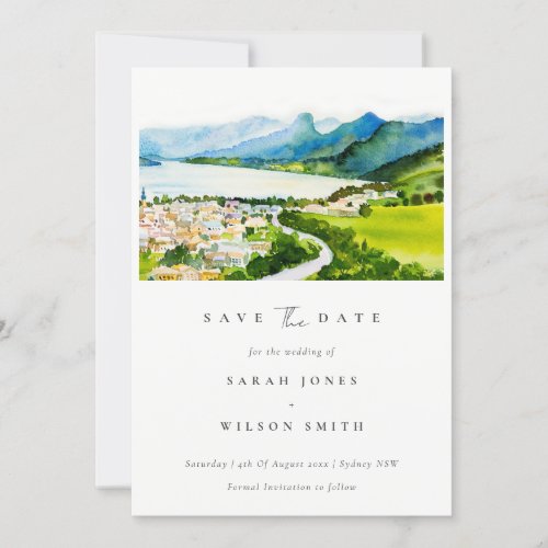 Countryside Lake Village Landscape Watercolor Save The Date