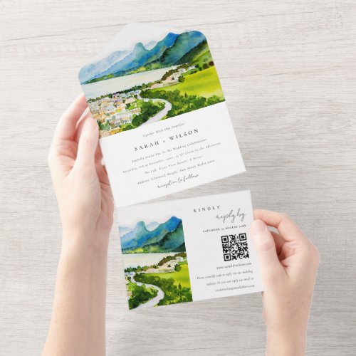 Countryside Lake Village Landscape Wedding QR Code All In One Invitation
