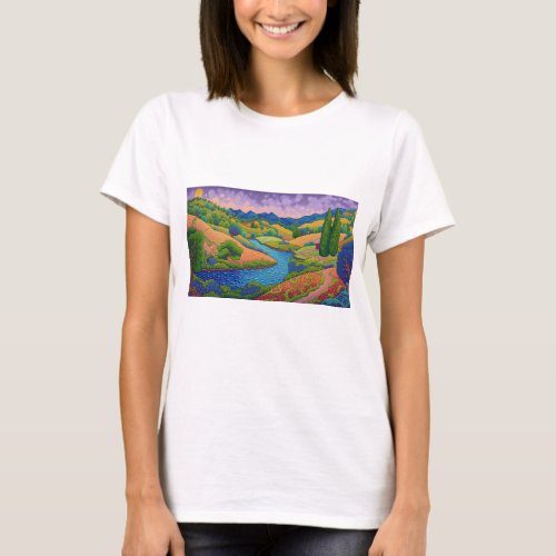 Countryside landscape in pointillism style T_Shirt