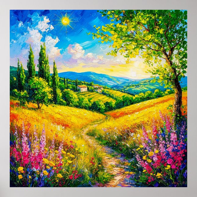 Countryside Landscape With Flowers Poster (Front)