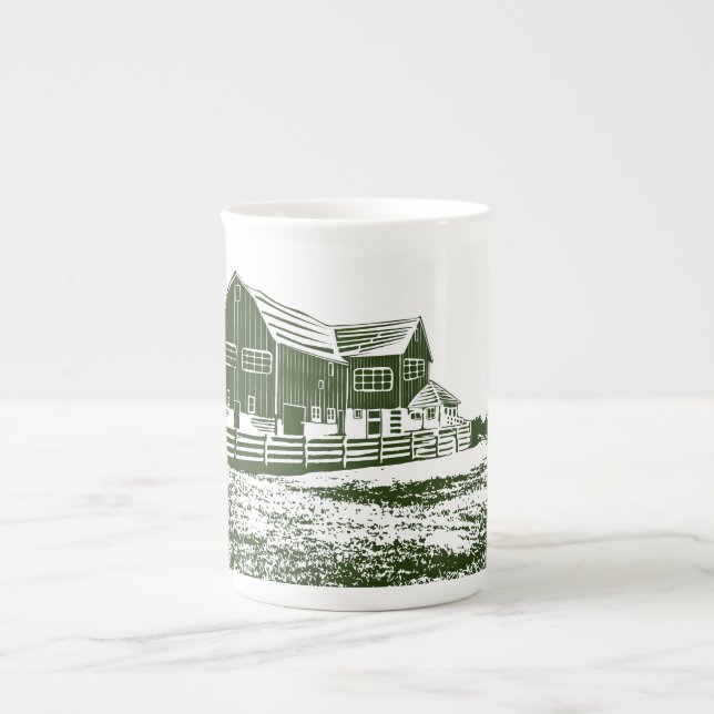 Countryside landscape woodcut style farm house bone china mug (Front)