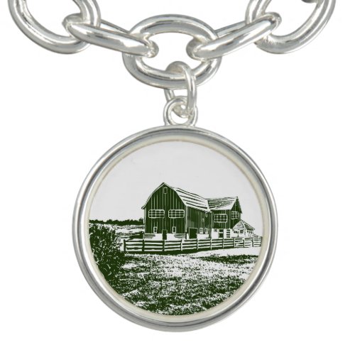 Countryside landscape woodcut style farm house bracelet
