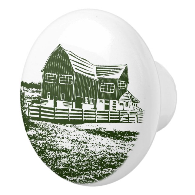 Countryside landscape woodcut style farm house ceramic knob (Right)