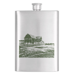 Countryside landscape woodcut style farm house flask