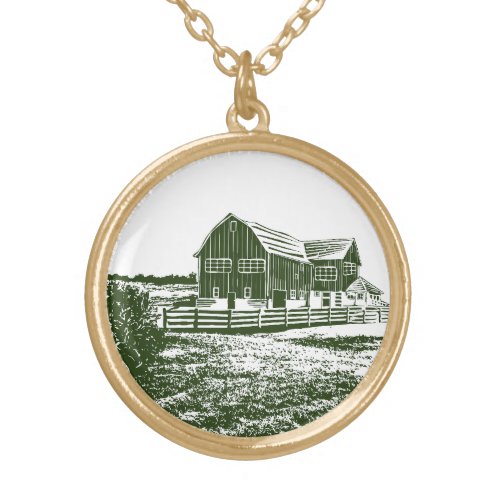 Countryside landscape woodcut style farm house gold plated necklace