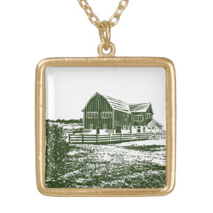 Countryside landscape woodcut style farm house gold plated necklace