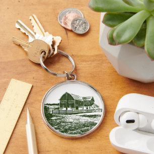 Countryside landscape woodcut style farm house keychain