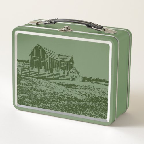 Countryside landscape woodcut style farm house metal lunch box