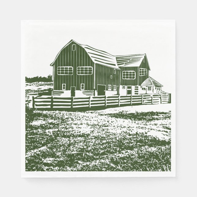 Countryside landscape woodcut style farm house napkins (Front)