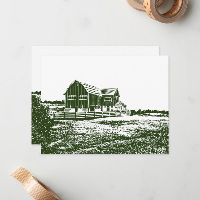 Countryside landscape woodcut style farm house note card (Front/Back In Situ)