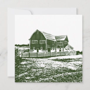 Countryside landscape woodcut style farm house note card