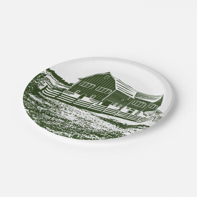 Countryside landscape woodcut style farm house paper plates (Angled)