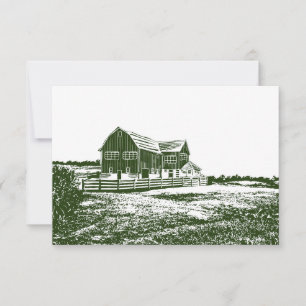 Countryside landscape woodcut style farm house save the date