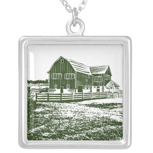 Countryside landscape woodcut style farm house silver plated necklace