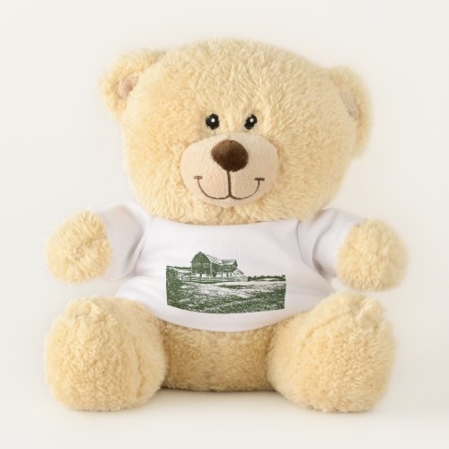 Countryside landscape woodcut style farm house teddy bear