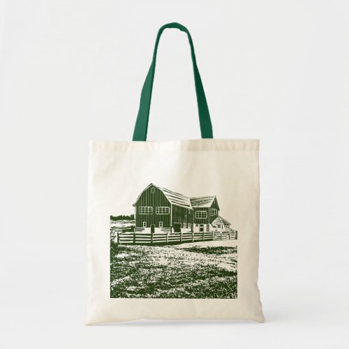 Countryside landscape woodcut style farm house tote bag