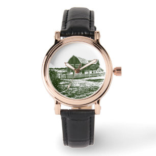 Countryside landscape woodcut style farm house watch