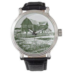 Countryside landscape woodcut style farm house watch