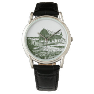 Countryside landscape woodcut style farm house watch