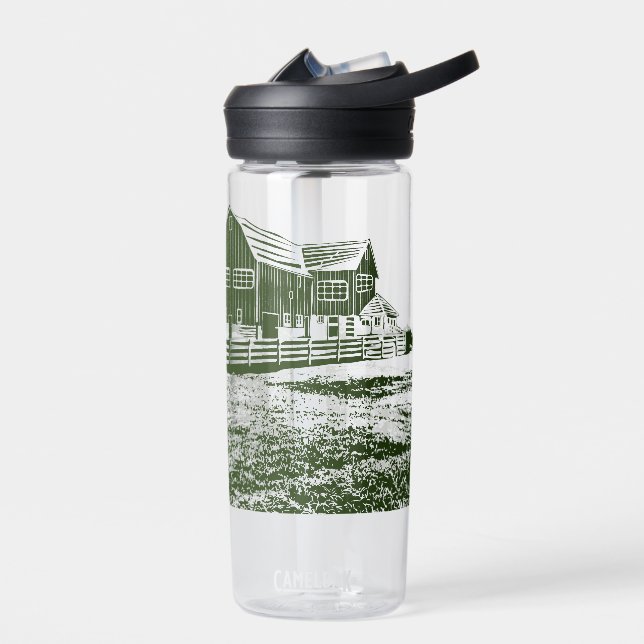 Countryside landscape woodcut style farm house water bottle (Left)