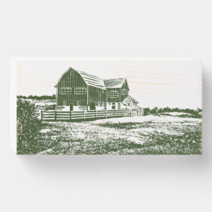 Countryside landscape woodcut style farm house wooden box sign