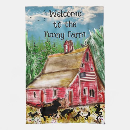 Countryside Old Red Barn and Animals  Kitchen Towel