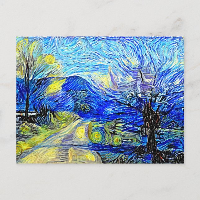 Countryside Starry Night Acrylic Parody Painting Postcard (Front)