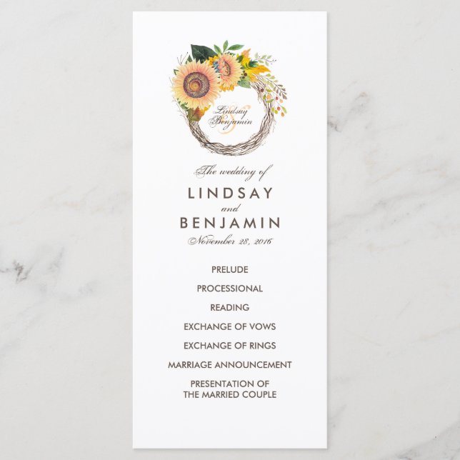 Countryside Sunflowers Wreath Wedding Programs (Front)